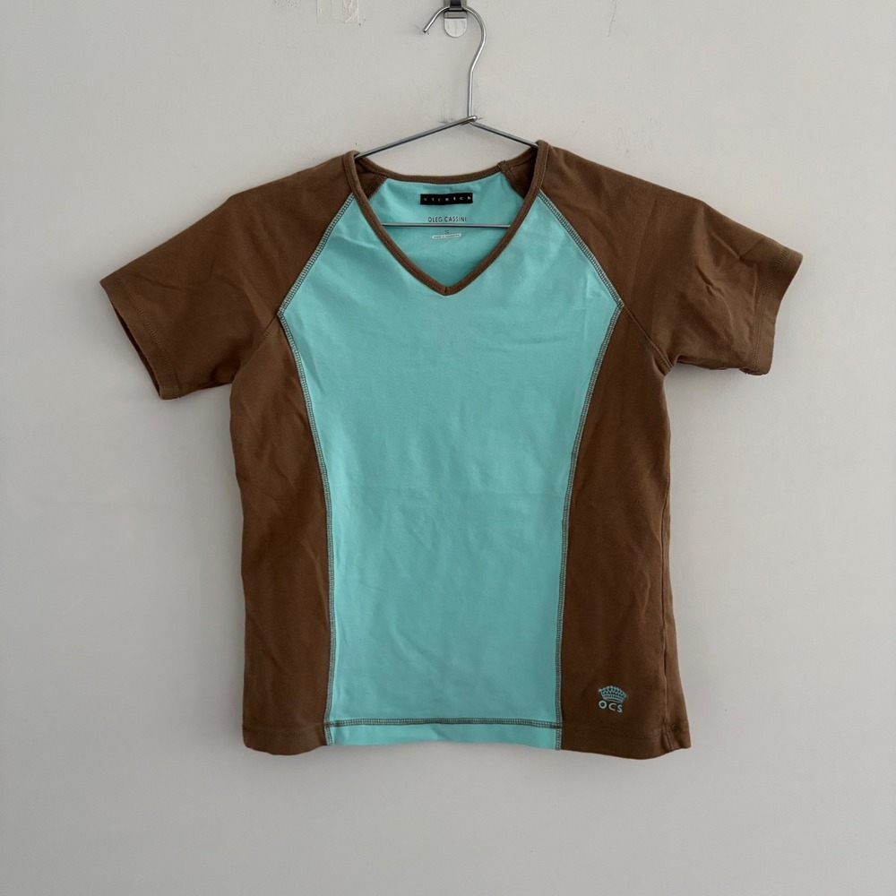 Oleg Cassini Sport V-Neck Short Sleeve Stretch Top Brown Teal Small